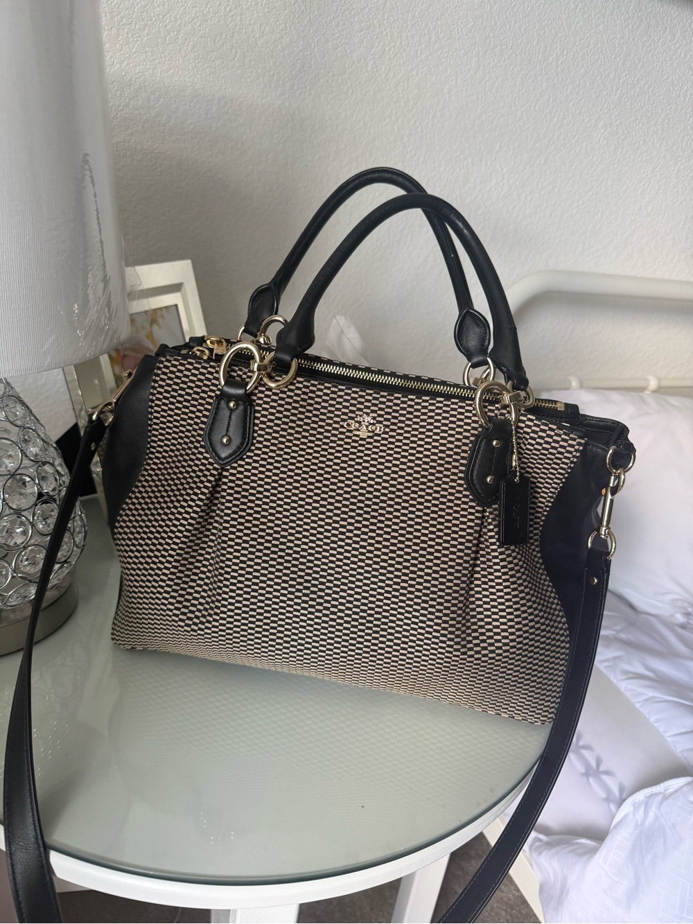 Coach Black and Beige Structured Signature Satchel